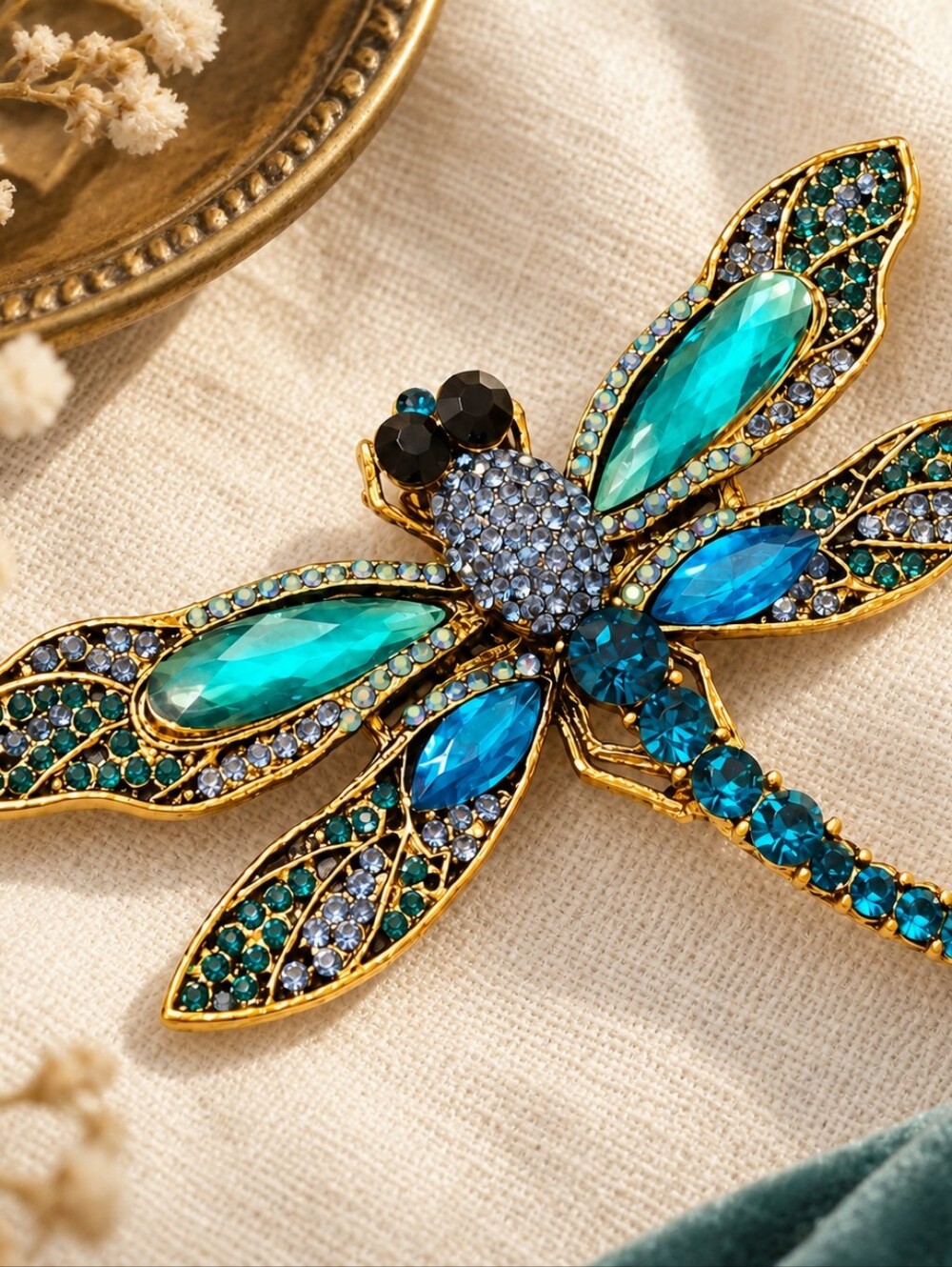 Stunning Large Vintage Dragonfly Brooch Pendant Emerald Blue Rhinestones